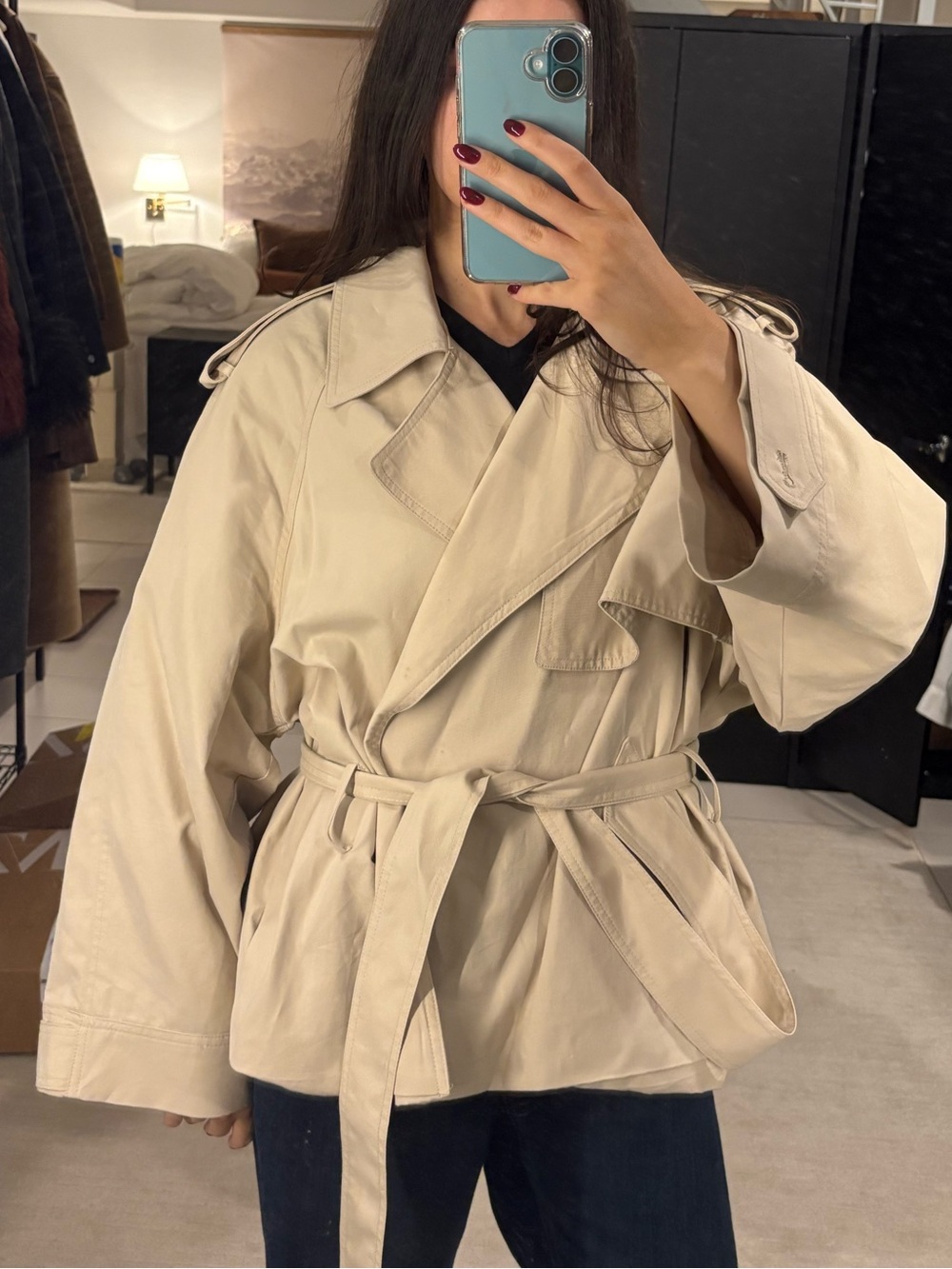 Neutral Beige Short wrap Trench Coat with Waist Tie
